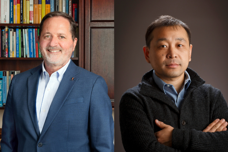 Portrait of Dean Germán Bollero wearing a suit jacket, standing in front of a bookshelf in his office. Portrait of Professor Kaiyu Guan with arms crossed, standing in front of a dark background.